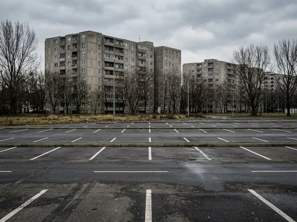 Panelos lakótelep parkolója felfestett állásokkal és betonszegéllyel